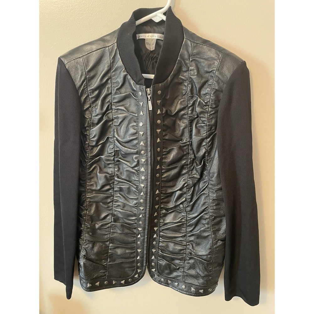 Peter Nygard Womens Black Leather Studded Ruched Knit Bomber Jacket Size L Edgy - Picture 2 of 10